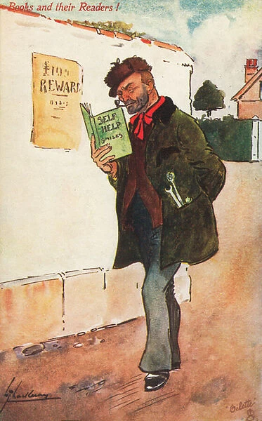 Workman reading a self help book (colour litho)