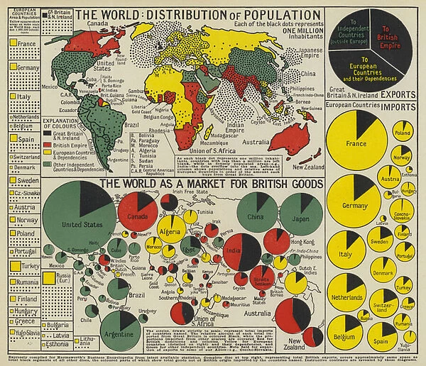 The world, Distribution of population; The world as a market for British goods (colour litho)