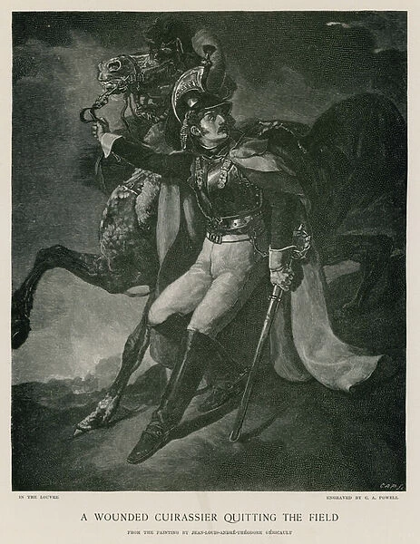 A wounded cuirassier quitting the field (engraving)