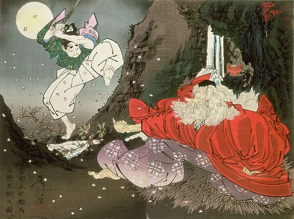 Yoshitsune and the Tengu King, (colour woodblock print)