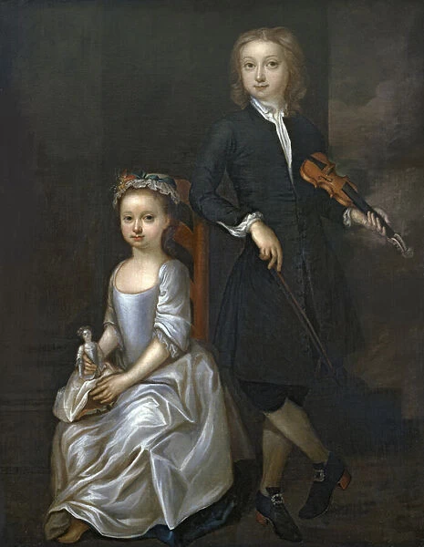 A young boy holding a violin and a young girl holding a doll (oil on canvas)