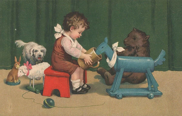 A young boy sits playing with his toys in a nursery (colour litho)
