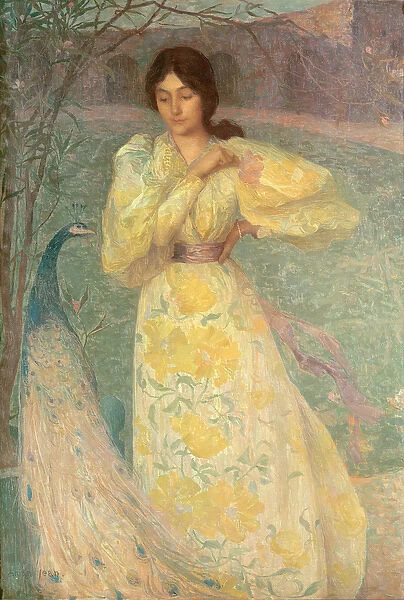 Young Girl with a Peacock (oil on canvas)