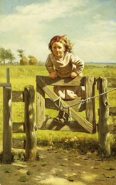 Young Girl Swinging on a Gate, (oil on canvas)