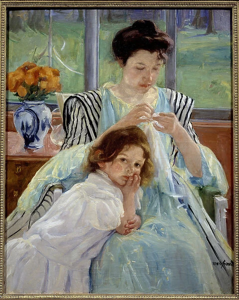 Young mother sewing. Painting by Mary Cassatt (1844-1926) Ec. Am. 1900, dim. 92. 4 x 73