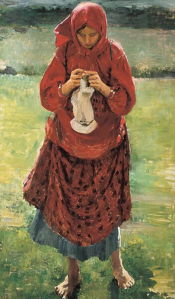 A young peasant woman knitting a stocking, 1895 (oil on canvas)