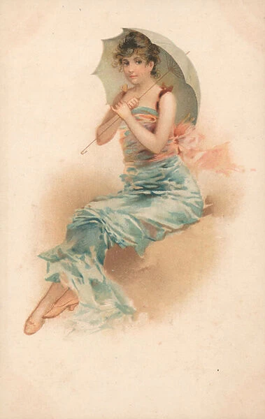 A young woman sheltering beneath a parasol (colour litho)