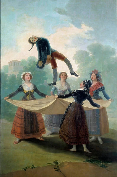 Young women puppet throwing into the air with a cloth a rag doll