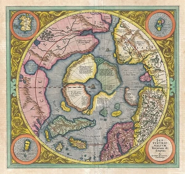 1606, Mercator Hondius Map of the Arctic, First Map of the North Pole, topography