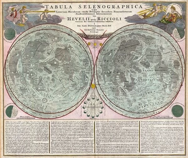 1707, Homann and Doppelmayr Map of the Moon, topography, cartography, geography, land