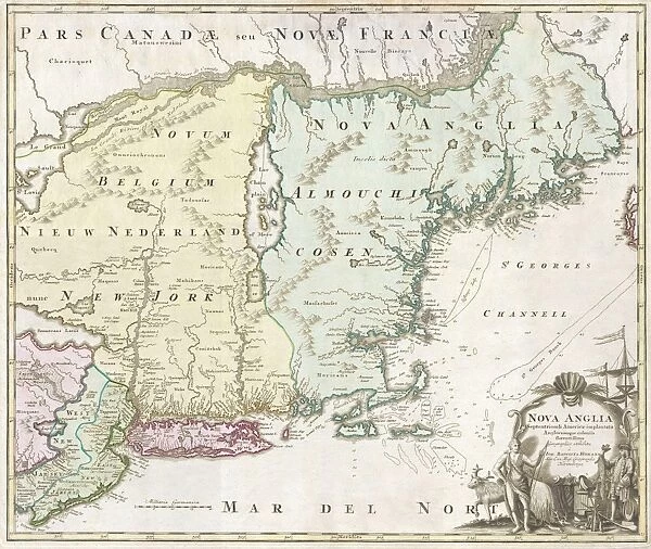 1716, Homann Map of New England Nova Anglia, topography, cartography, geography, land