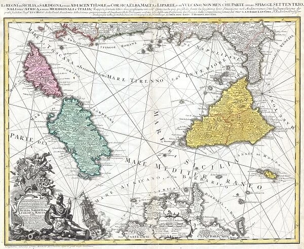 1762, Homann Heirs Map of Sicily, Sardenia, Corsica and Malta, ITALY, topography