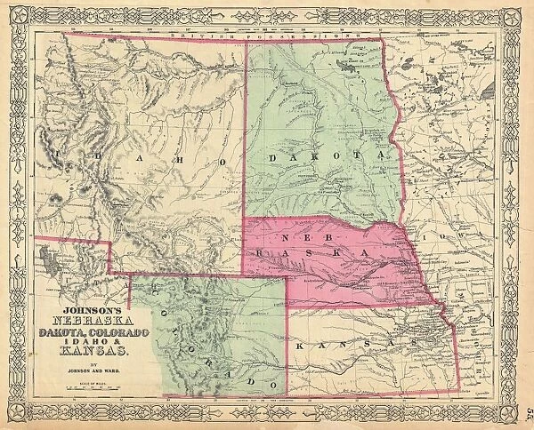 1864, Johnson Map of Idaho, Dakota, Nebraska, Kansas and Colorado, topography, cartography
