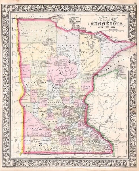 1864, Mitchell Map of Minnesota, topography, cartography, geography, land, illustration