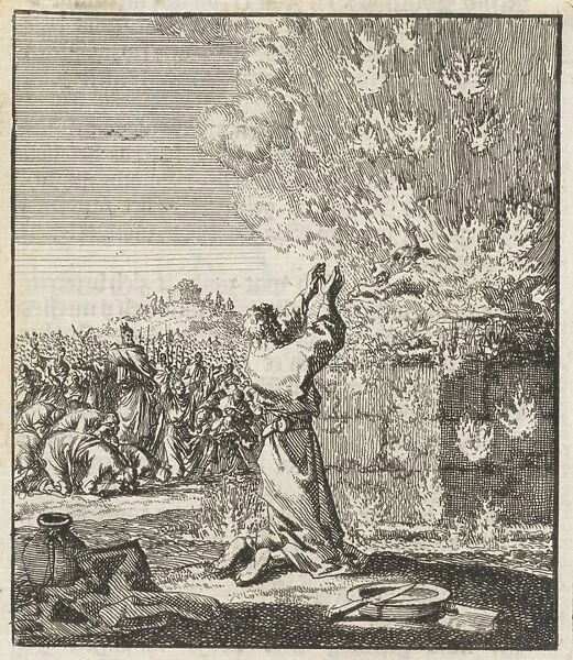 Elia kneels in front of the burning sacrifice, Jan Luyken, Jan Rieuwertsz