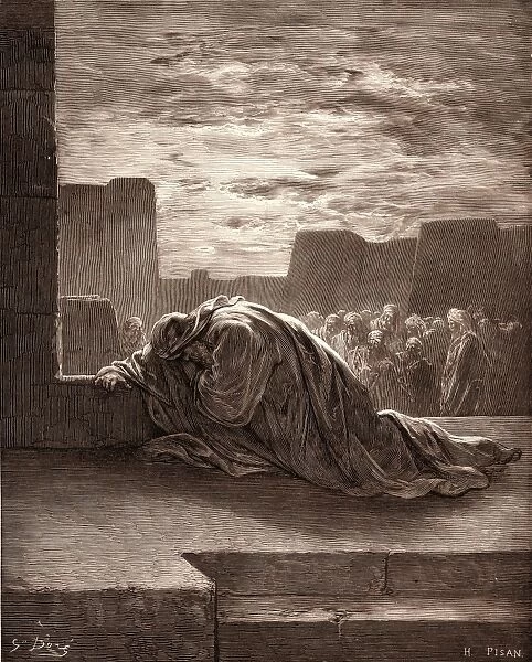 EZRA IN PRAYER, BY GUSTAVE DORE, 1832 - 1883, French. Engraving for the Bible. 1870