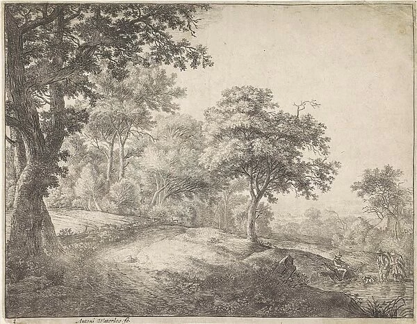 Two figures wading through a stream, Anthonie Waterloo, 1630 - 1663