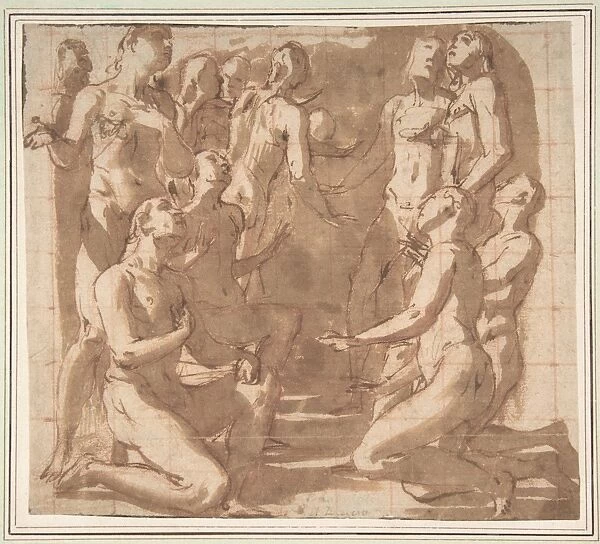 Group Nude Male Figures Kneeling Standing Supplication