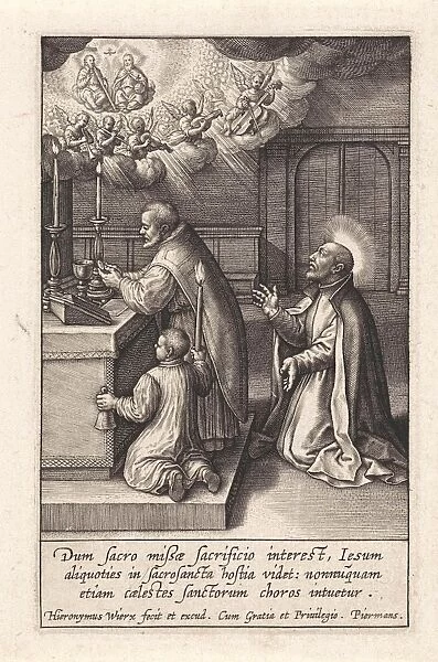 Ignatius Loyola has a vision of the Trinity, print maker: Hieronymus Wierix, 1611 - 1615