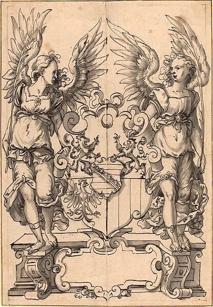Jost Amman (Swiss, 1539 - 1591), Two Angels Holding a Coat of Arms, pen and black