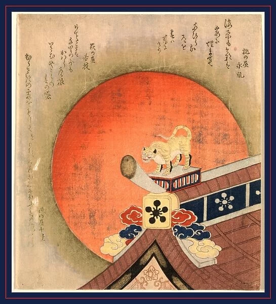 Kawarayane ni tora no okimono, Tiger statue on a tile roof. 1830. 1 print : woodcut