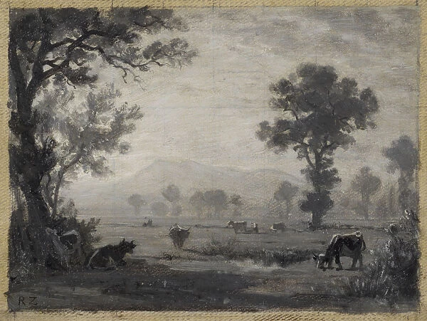 Landscape grazing cows oil cardboard Grisaille