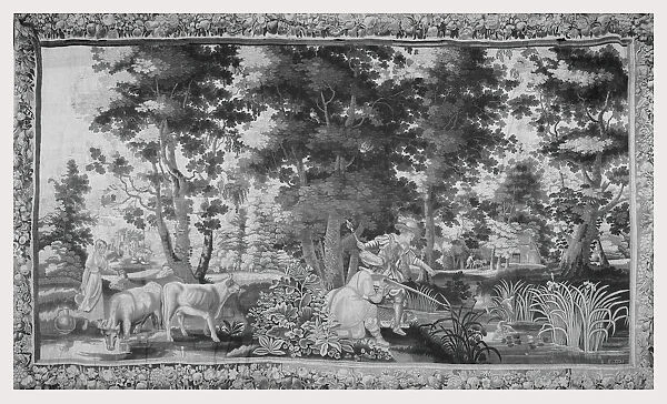 Landscape two hunters shooting ducks stream cow-maid works