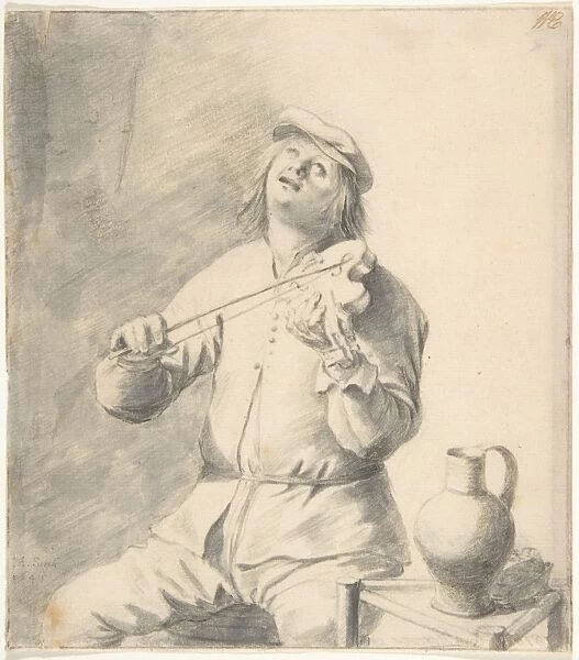 Man Playing Violin 1645 Black chalk brush gray wash