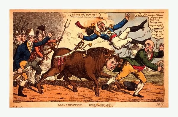 Manchester bull-hunt, engraving 1819 Sept. (?), a bull, with the head of John Bull