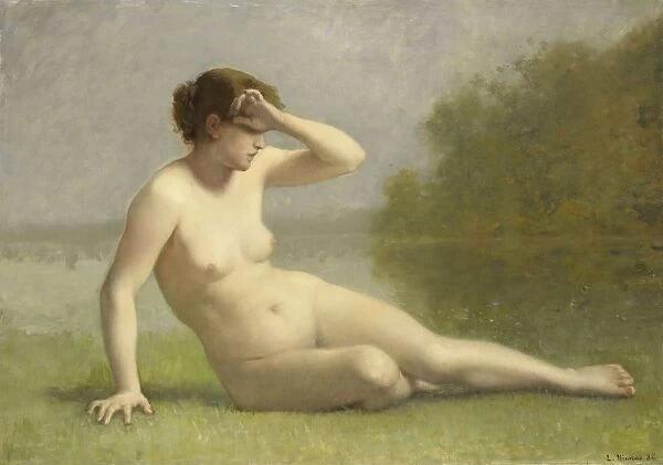 Nymph young naked woman sitting grass waterfront