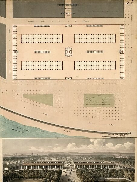 Plan and birds eye view of the marche aux charbons Paris, 1817 by Louis-Pierre