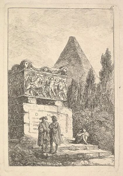 Plate 6 Sarcophagus two men conversing left another man seated