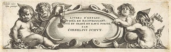 Four putti around a cartouche, print maker: Anonymous, Cornelis Schut I, unknown