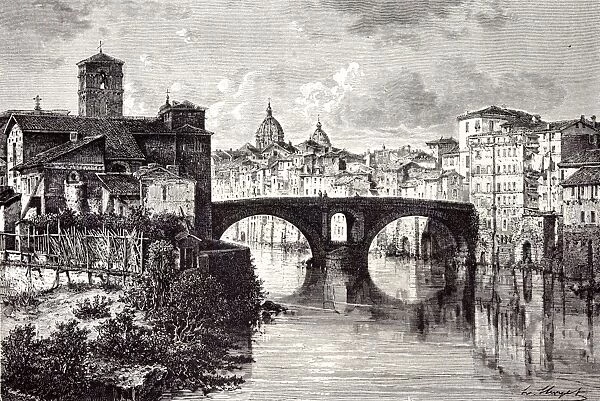 Rome Italy 1875, Island of the Tiber, St. Bartholomew, and the Quattro Capi Bridge