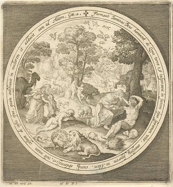 Sixth day of creation: God creates the animals and Adam and Eve, print maker: Nicolaes