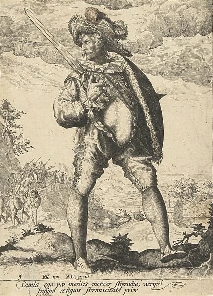 Soldier with sword and shield, print maker: Anonymous, Jacob de Gheyn II, Hendrick