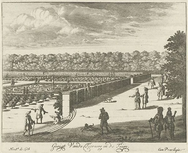 View from the terrace in the garden of Soestdijk Palace, with walking figures, The