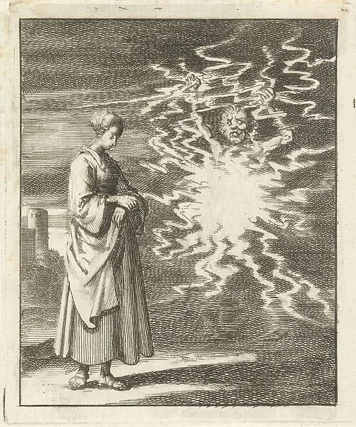 Woman walks quietly past flames Satan fire gloet