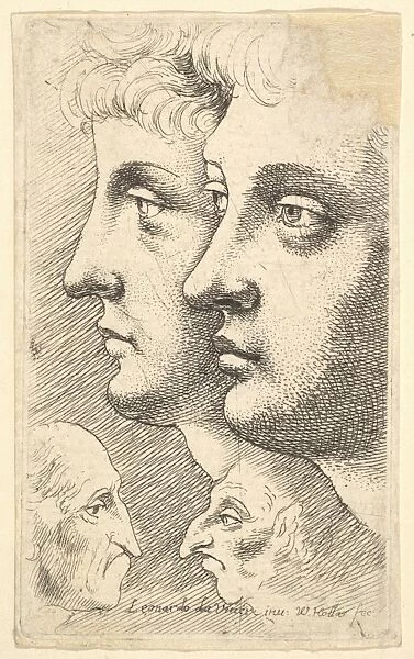 Two youths profile left two grotesque heads facing