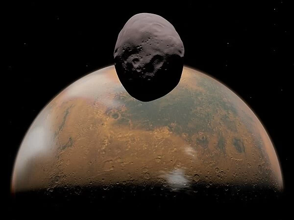 Artists concept of Mars and its tiny moon Phobos