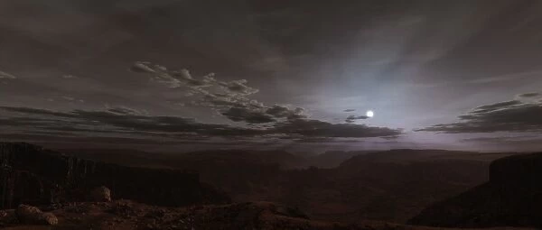 Artists concept of the Sun rising over Valles Marineris on Mars