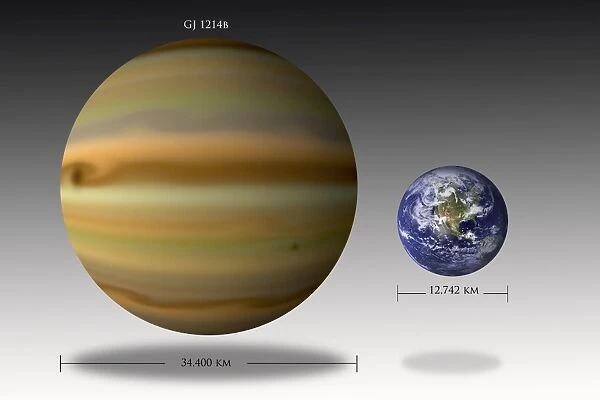 Artists depiction of the size relationship between Earth and Gliese 1214b