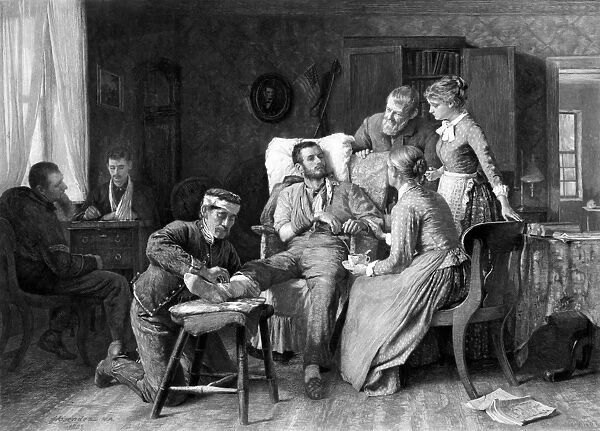 Civil War poster of a wounded Union soldier being tended to in a home