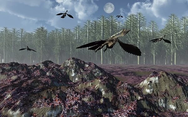 A flock of Archaeopteryx flying above a Jurassic landscape