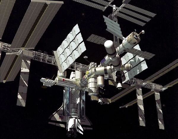 Illustration of a space shuttle is docked to the International Space Station
