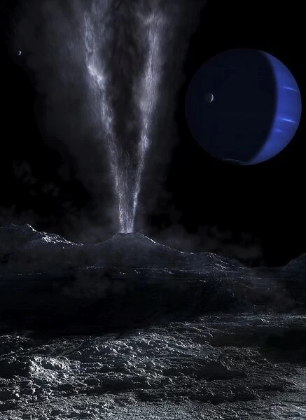 A small geyser on the surface of Triton, with Neptune in the background