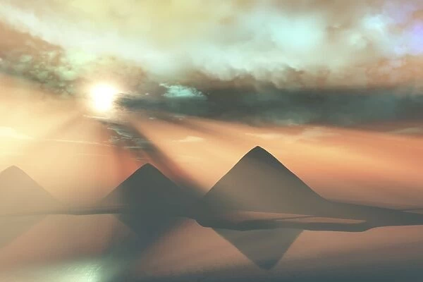 Sunrays shine down on three pyramids along the Nile River on the Giza Plateau