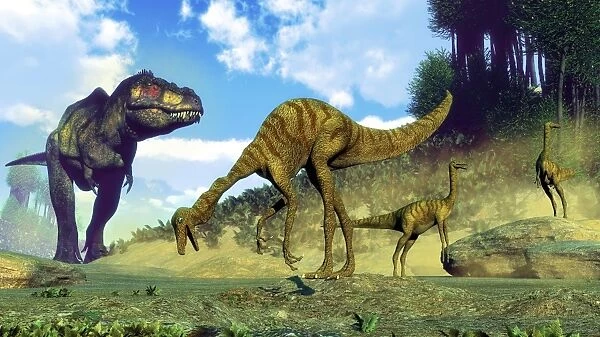 Tyrannosaurus rex surprising a herd of Gallimimus dinosaurs