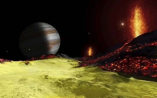 Volcanic activity on Jupiters moon Io, with the planet Jupiter visible on the horizon