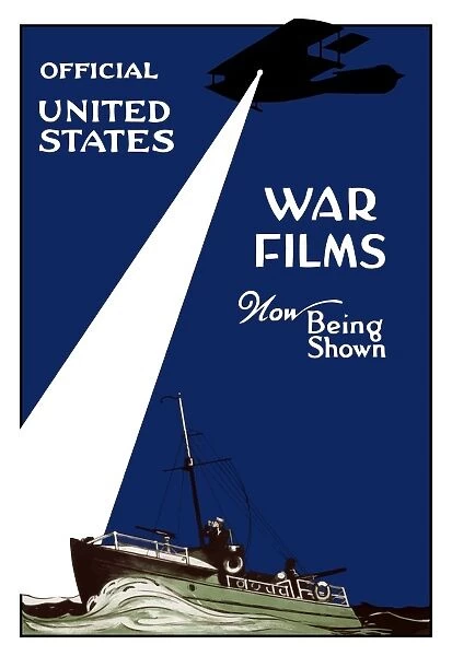 World War I poster of a Navy patrol boat in the sea and a plane shining a spotlight